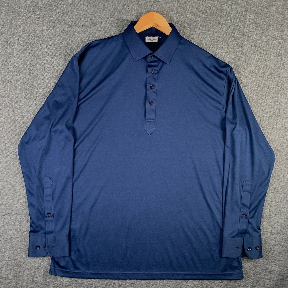 Collars & Co Polo Dress Shirt Men Extra Large Navy Blue Long Sleeve Shark Tank
